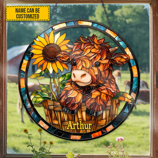 Personalized Highland Cow With Sunflower Stained Glass Suncatcher