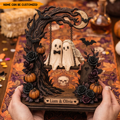 Personalized Halloween Ghost Couple Swing Wooden Block - Custom Name Romantic Halloween Keepsake Gift