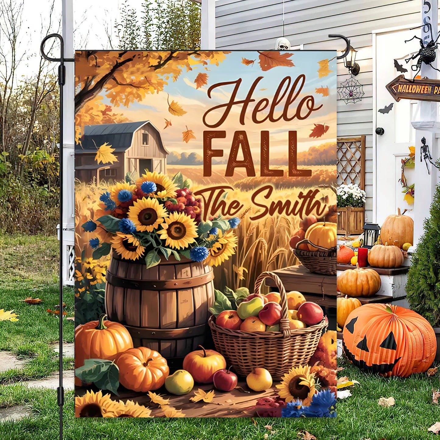 Hello Fall Autumnal Scene with Pumpkins - Perfect for Outdoor Decor, Garden Flag, House Flag