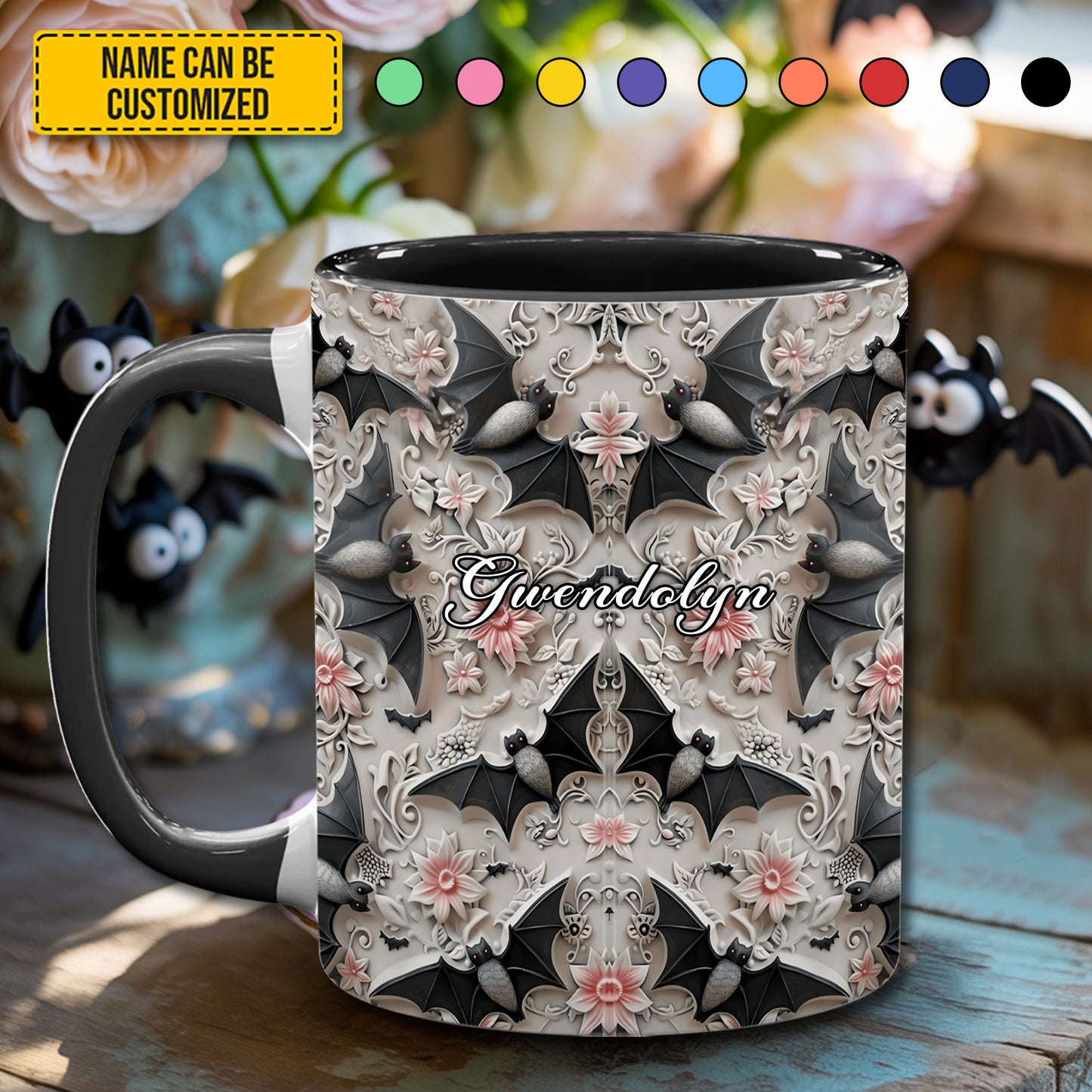 Midnight Bloom – Personalized Bat Accent Mug