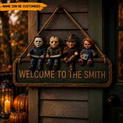 Personalized Horror Icons Welcome Wooden Sign