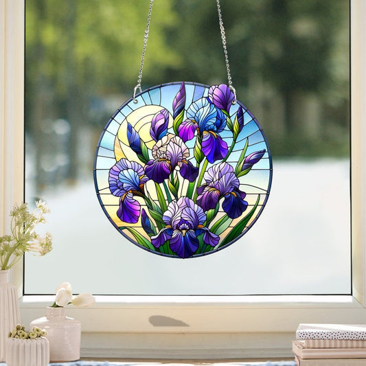 Iris Flower FAUX Stained Glass Window Hanging