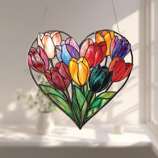 Colorful Tulips Heart Window Hanging Acrylic