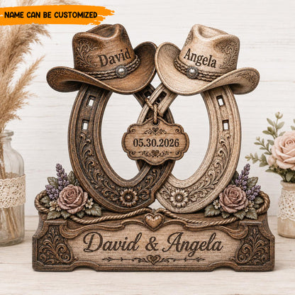 Personalized Western Wedding Horseshoe Wooden Block Sign - Cowboy & Cowgirl Couple Decor
