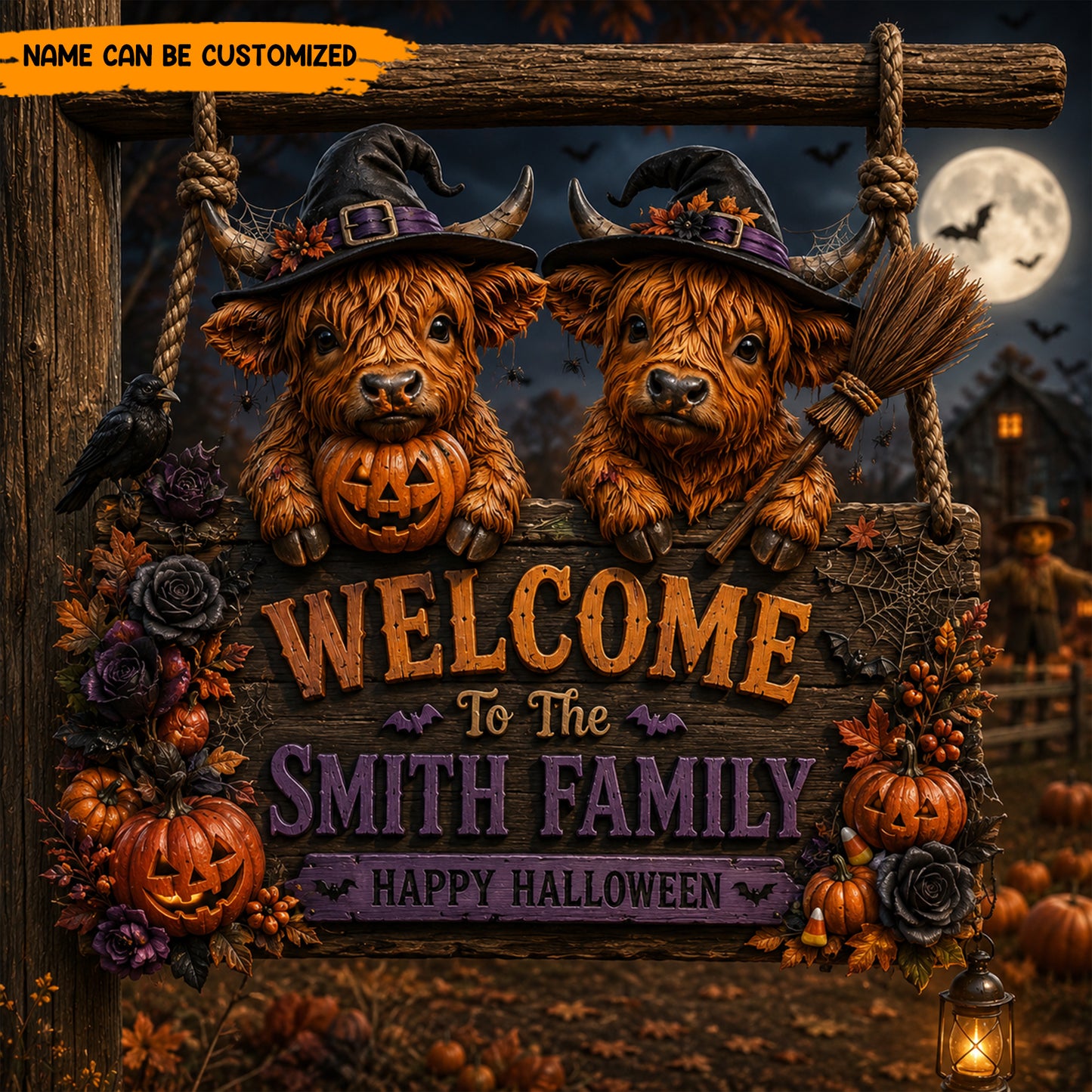 Personalized Highland Cow Halloween Wooden Sign