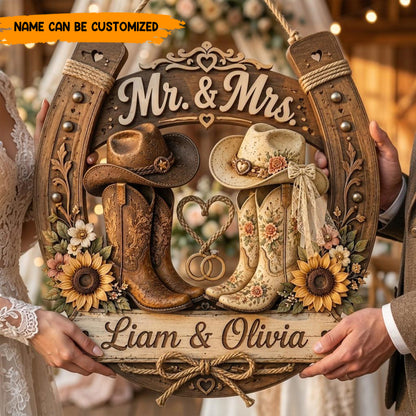 Personalized Cowboy & Cowgirl Wedding Wooden Sign, Custom Horseshoe Name Sign, Rustic Western Couples Gift
