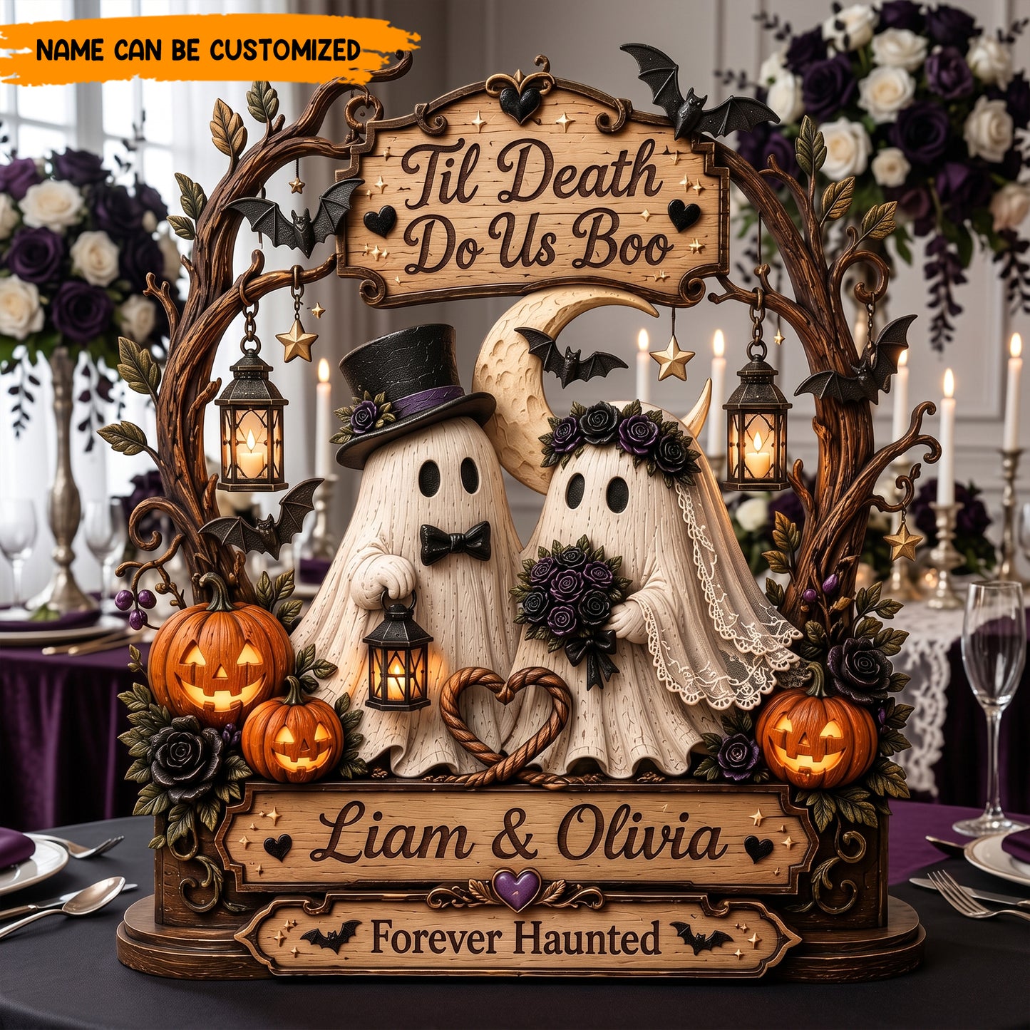 Til Death Do Us Boo Personalized Wooden Block Sign, Cute Ghost Couple Halloween Wedding Plaque