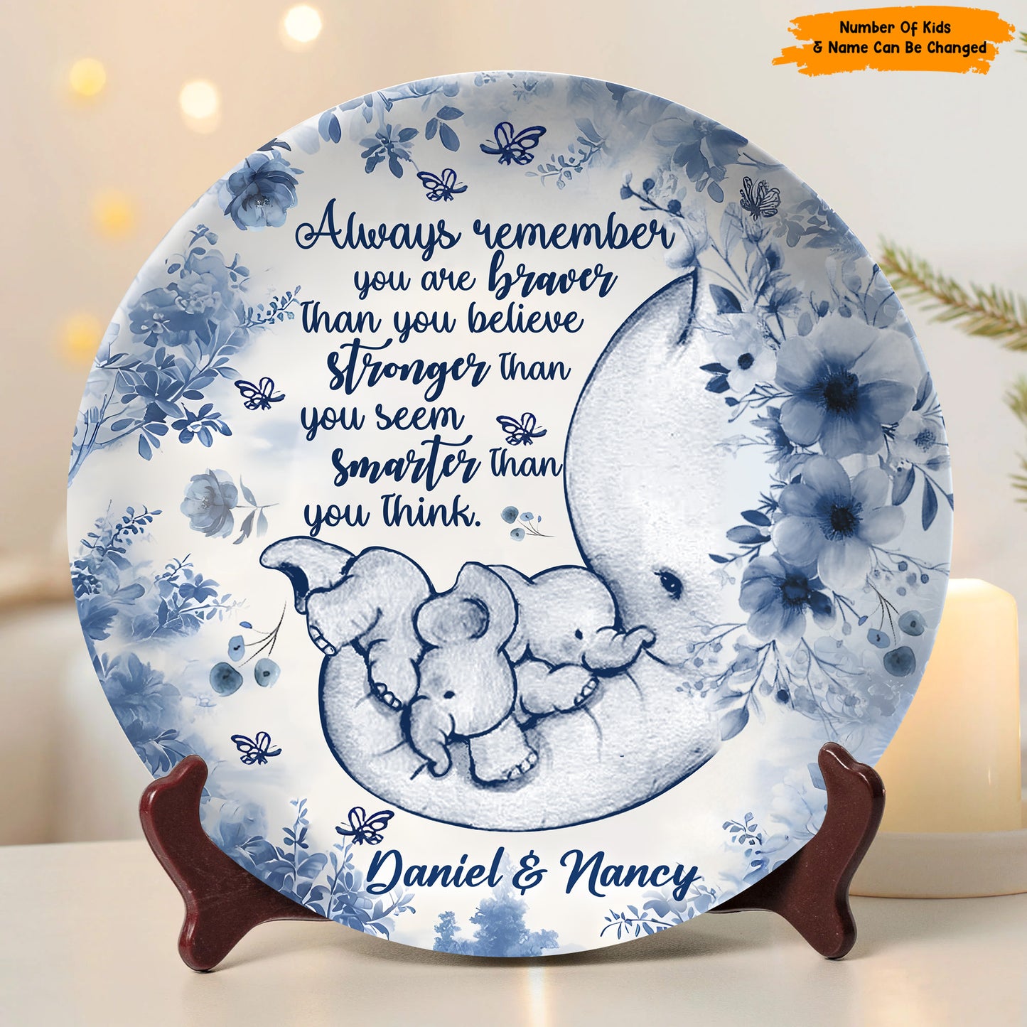 All Way Remember You Are Braver - Personalized Mother Elephant Ceramic Round Plate