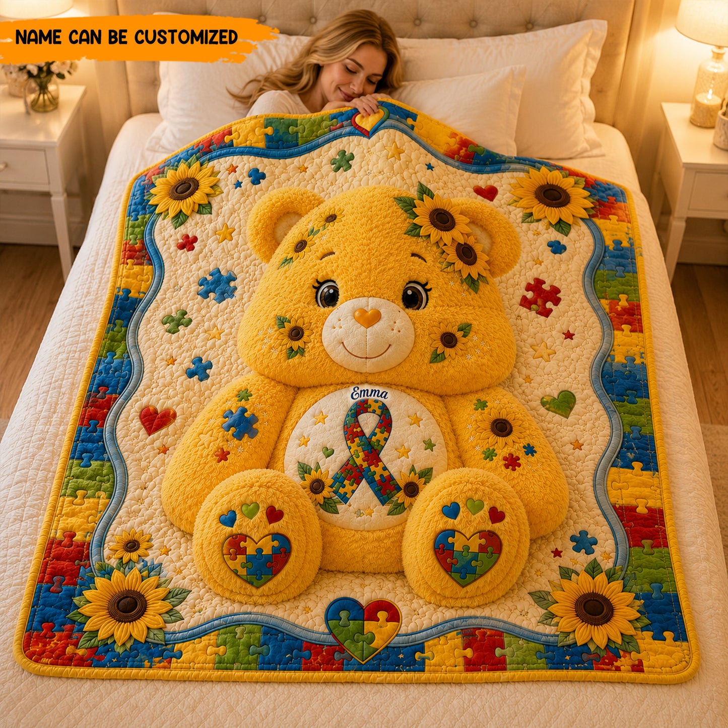Personalized Autism Sunflower Bear Blanket