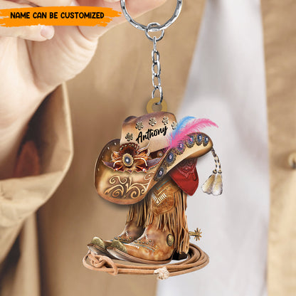 Personalized Cowgirl Boots And Hat Acrylic Keychain