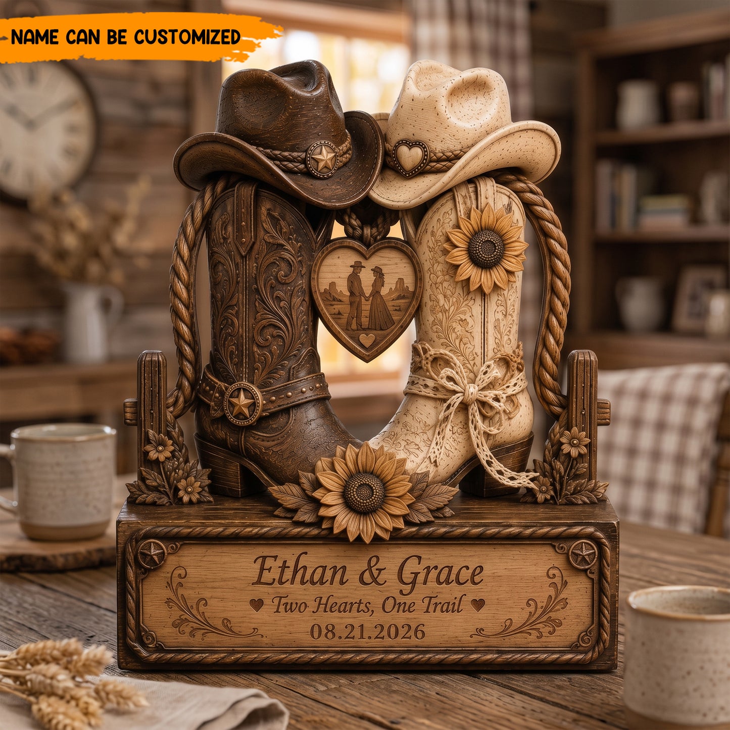 Custom Western Cowboy Boots Wooden Block Plaque – Two Hearts, One Trail