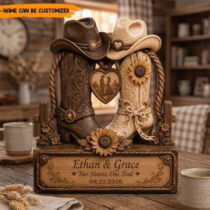 Custom Western Cowboy Boots Wooden Block Plaque – Two Hearts, One Trail