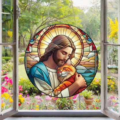 Jesus Hugging Orange Cat Acrylic Window Hanging