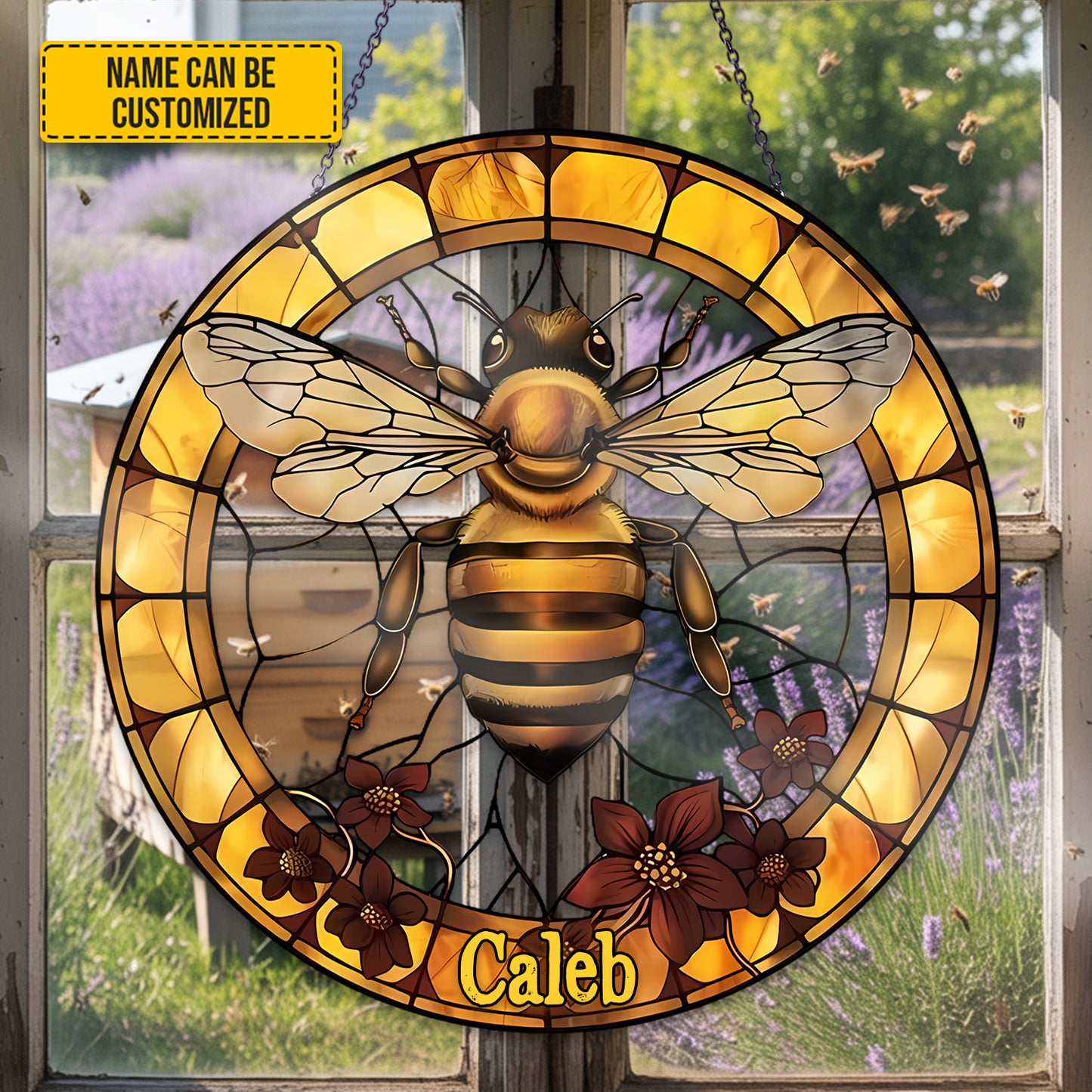 Personalized Golden Honeybee Stained Glass Suncatcher