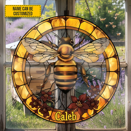 Personalized Golden Honeybee Stained Glass Suncatcher