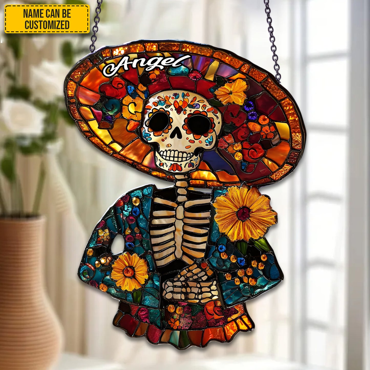 Day of the Dead - Personalized Stained Glass Skeleton Suncatcher