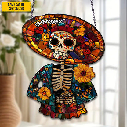 Day of the Dead - Personalized Stained Glass Skeleton Suncatcher