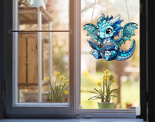 Blue Dragon With Book Acrylic Window Hanging