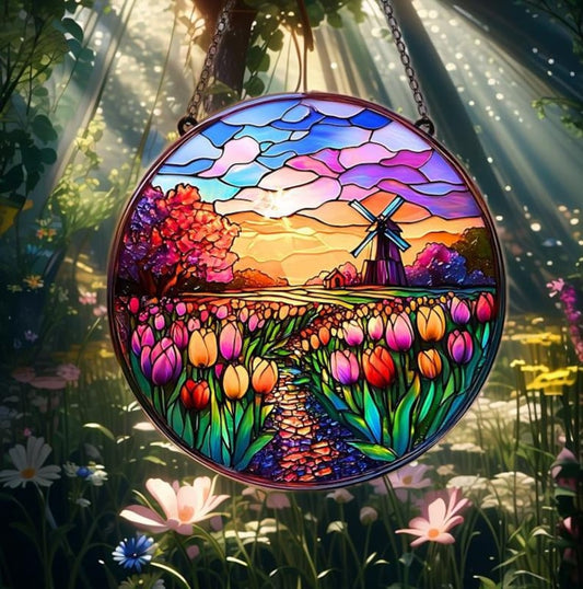 Windmill and Colourful Tulip Field ACRYLIC Window Hanging