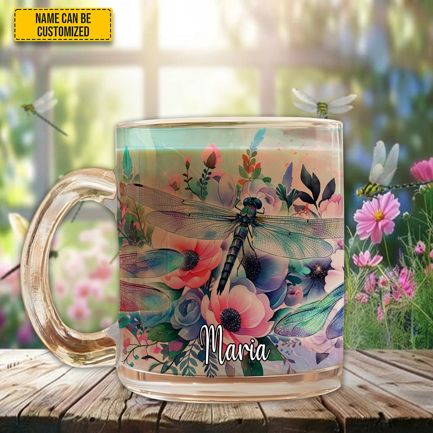 Dragonfly Flower - Personalized Dragonfly Glass Mug