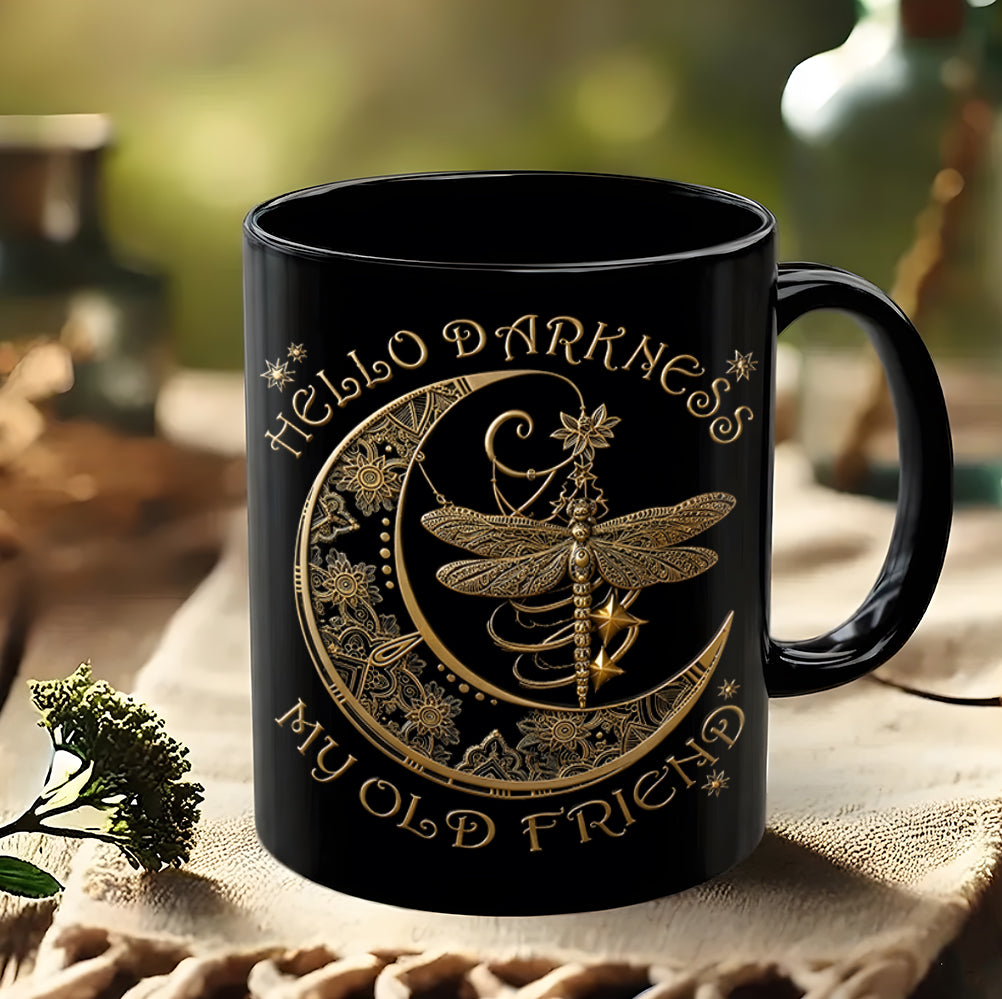 Hippie Dragonfly Crescent Moon Ceramic Black Mug
