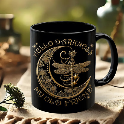 Hippie Dragonfly Crescent Moon Ceramic Black Mug