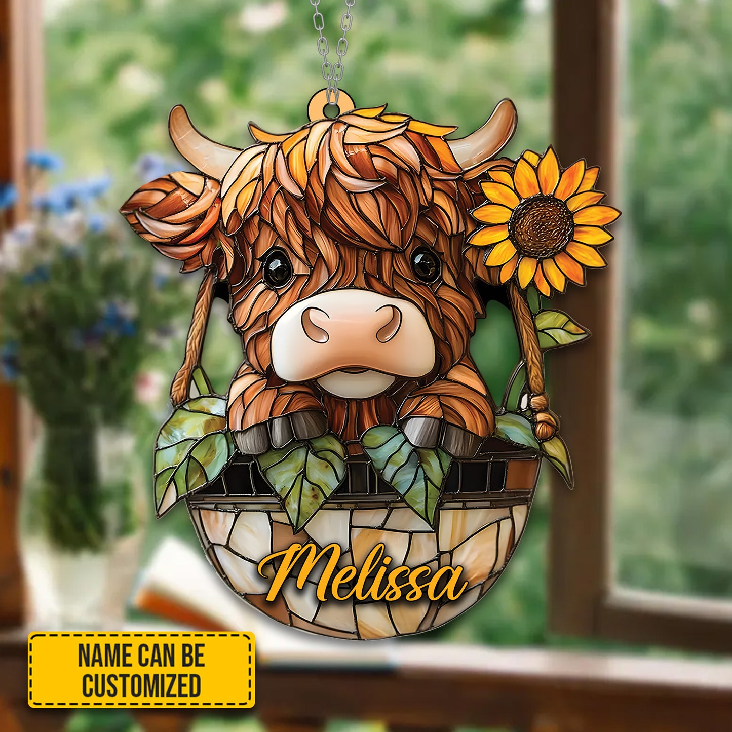 Personalized Charming Highland Cow & Sunflower Acrylic Window