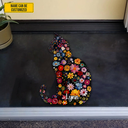 Cat Floral - Personalized Cat Shaped Doormat
