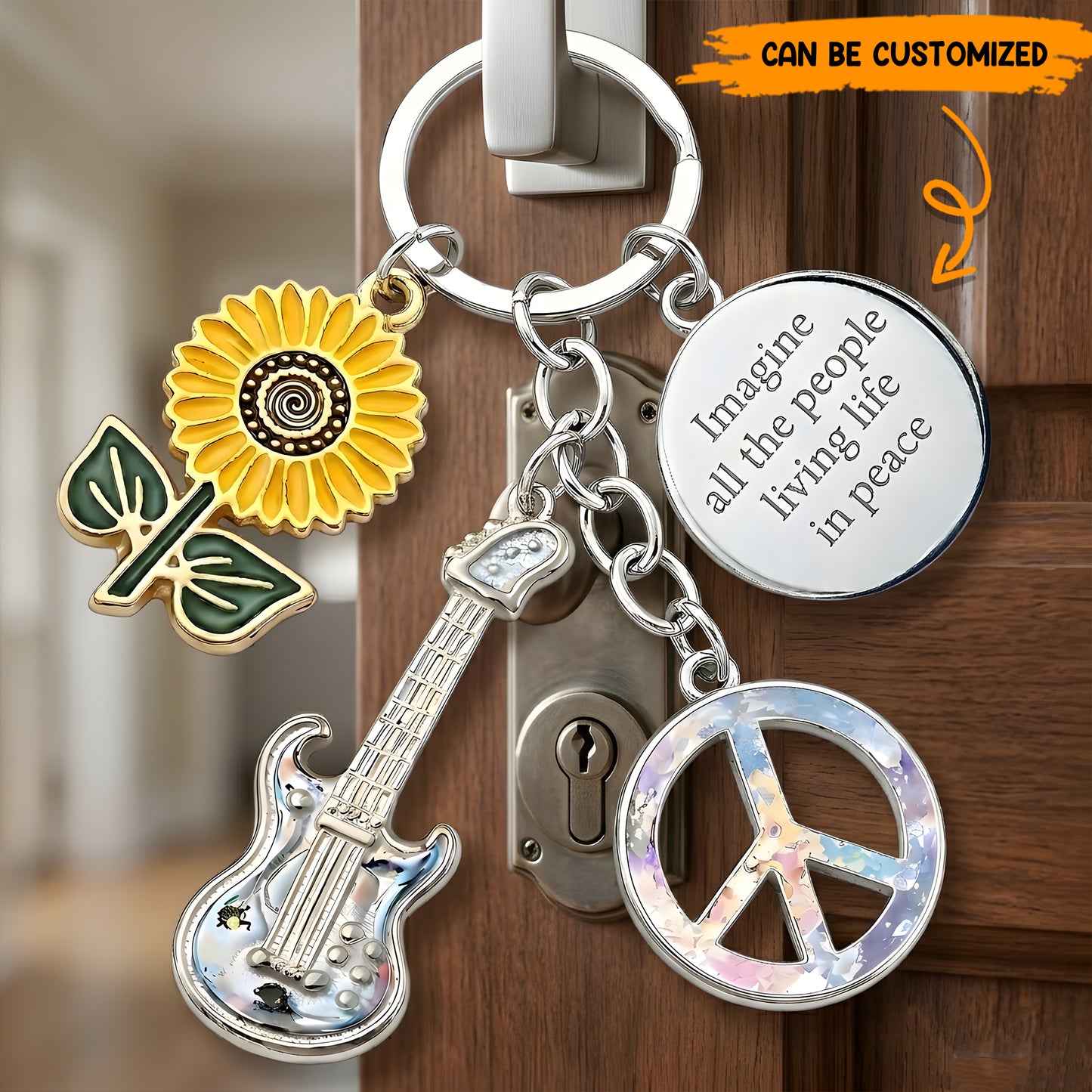 Imagine All The People Living Life In Peace - Hippie Keychain With Charms