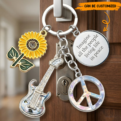 Imagine All The People Living Life In Peace - Hippie Keychain With Charms