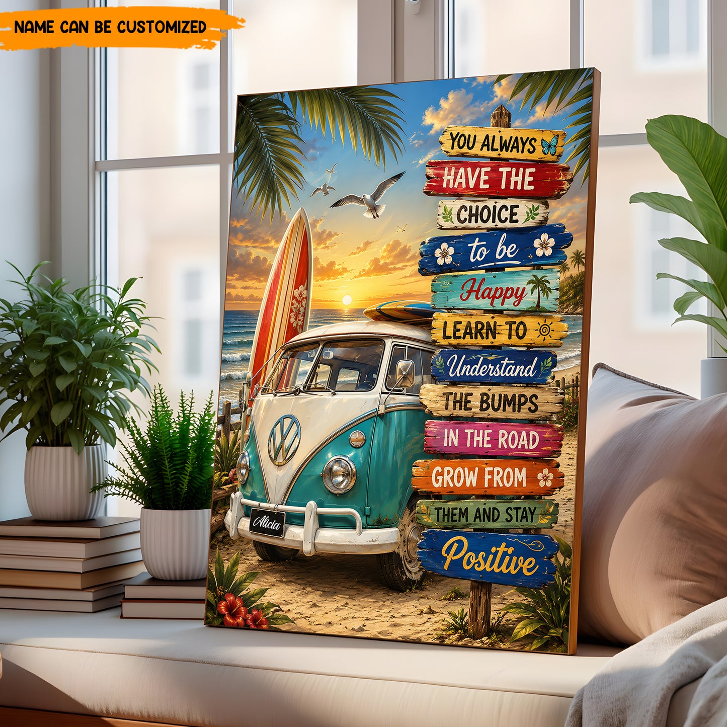 Positive Beach Hippie Van  – Personalized Poster Canvas