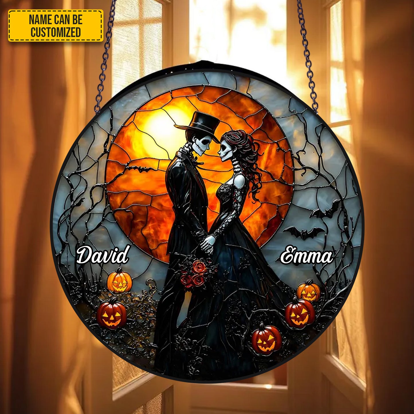 Personalized Gothic Skull Couple Stained Glass Suncatcher