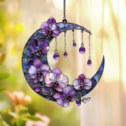 Orchid Flowers Crescent Moon Acrylic Window Hanging