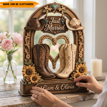 Personalized "Just Married" Country Wedding Wooden Sign - Cowboy Boot Wooden Block