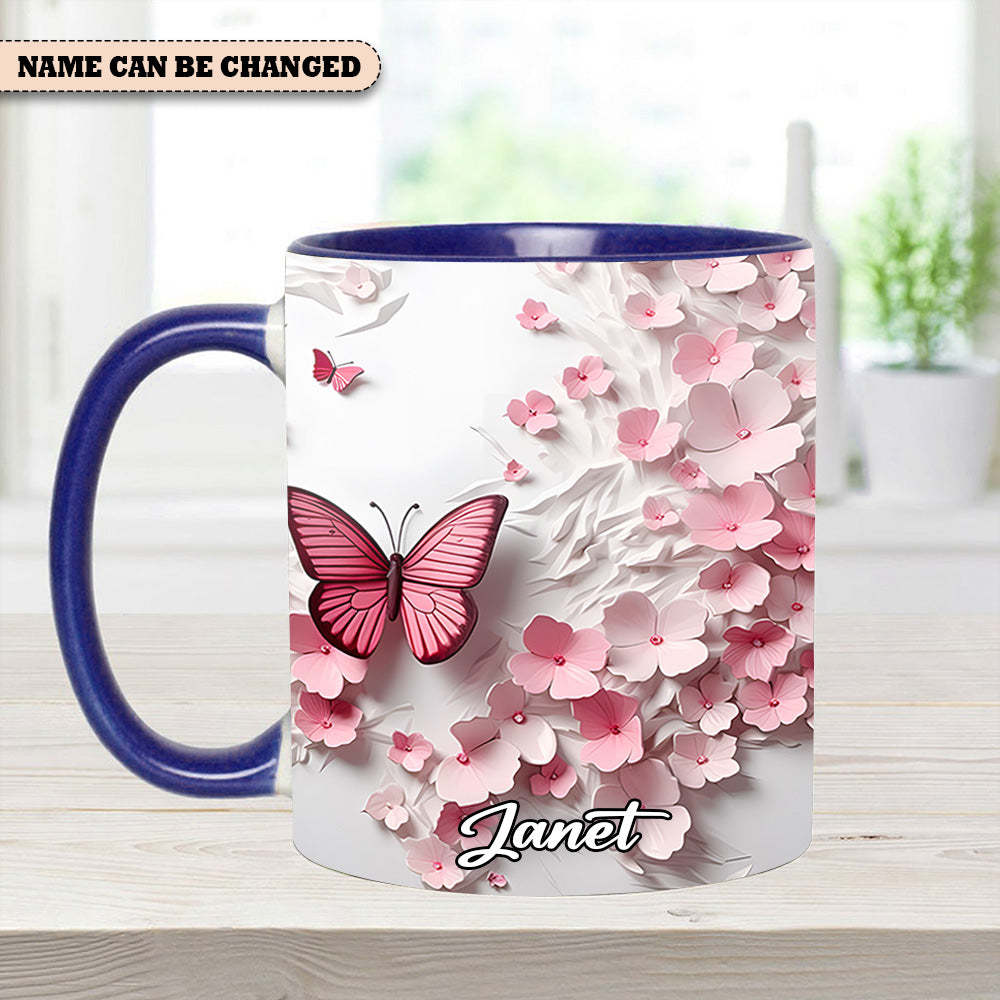 Pink Butterfly With Flowers - Personalized Butterfly Accent Mug