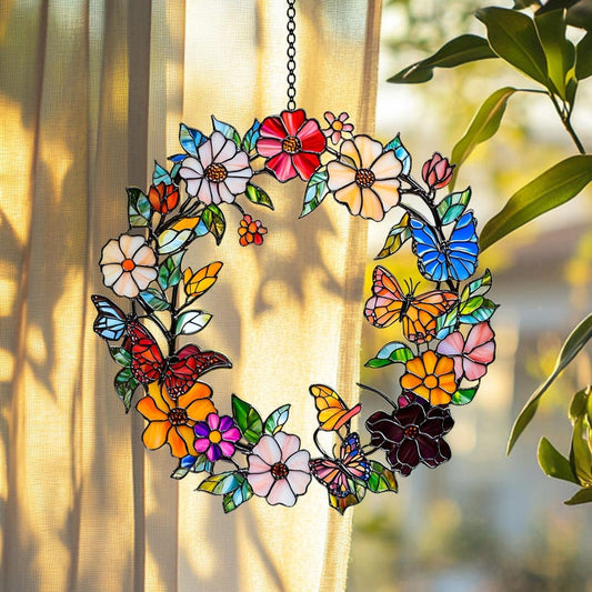 Faux Stained Glass Colorful Flower Window Hanging