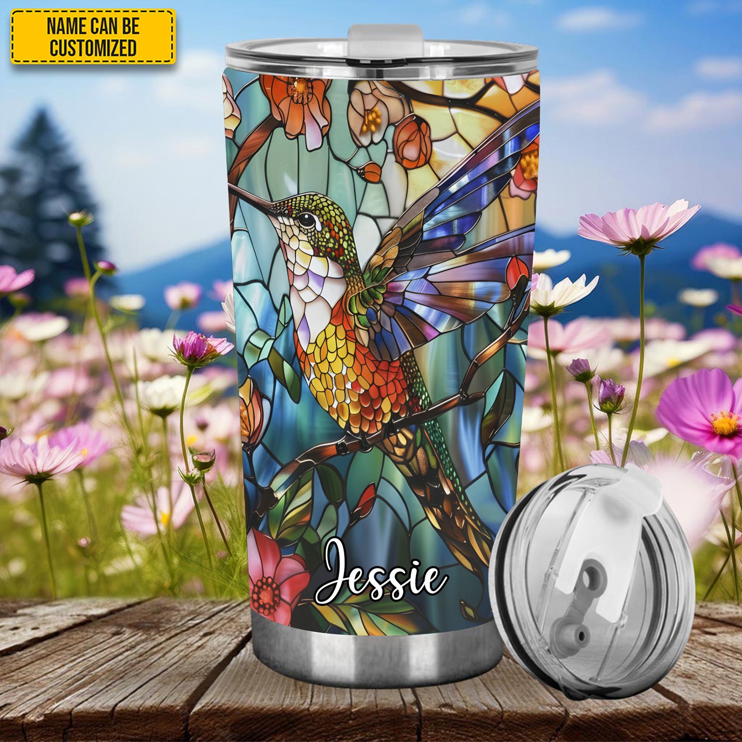 Personalized Stained Glass Hummingbird Flower Tumbler