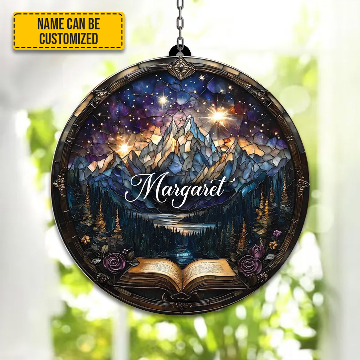 Personalized Fantasy Book Mountain Acrylic Window Hanging Version 2
