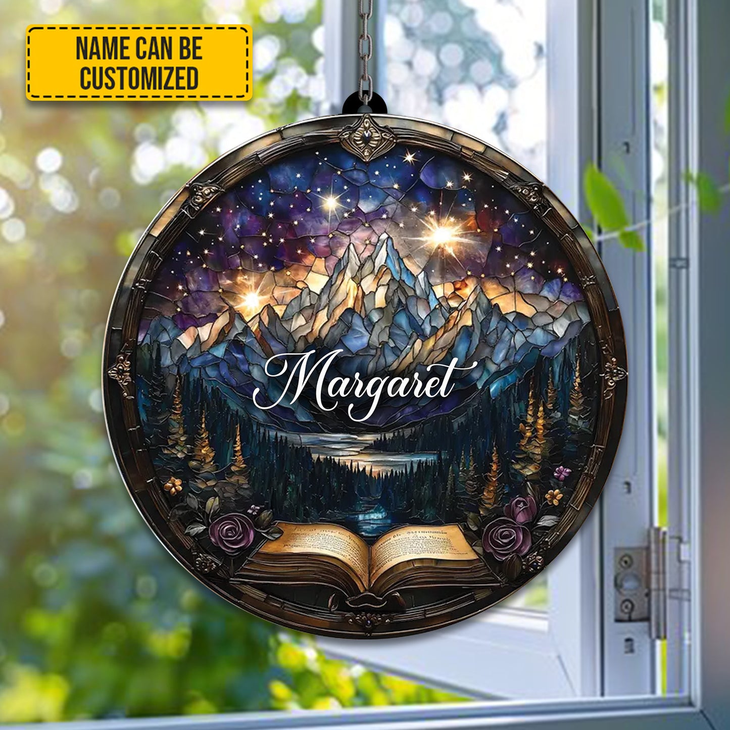 Personalized Fantasy Book Mountain Acrylic Window Hanging Version 2