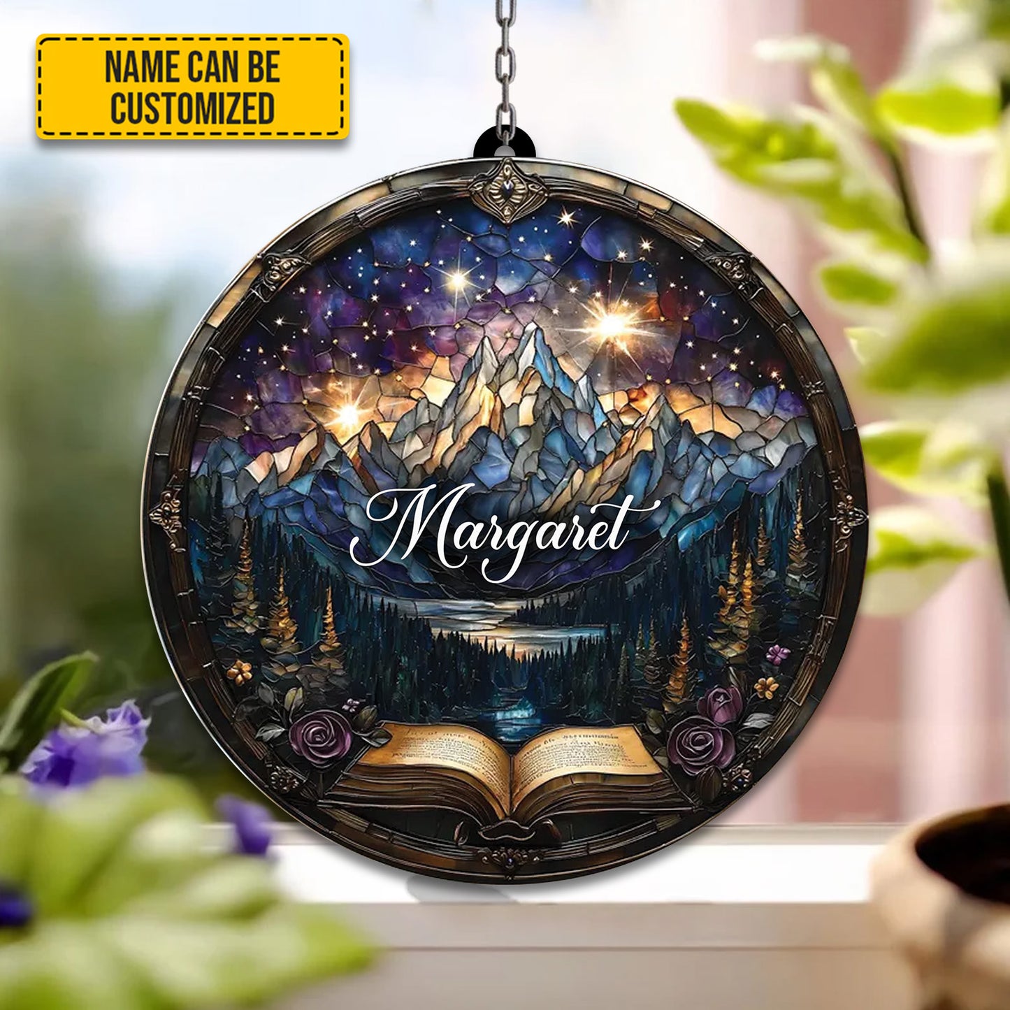 Personalized Fantasy Book Mountain Acrylic Window Hanging Version 2
