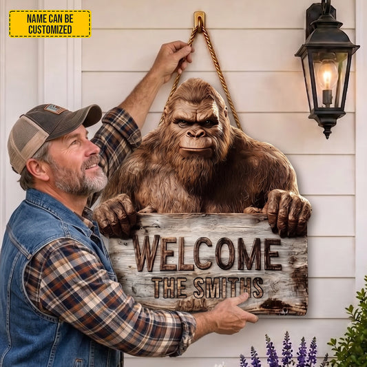 Bigfoot Welcome Rustic Shaped Wood Sign - Personalized Gift For Outdoor Lovers