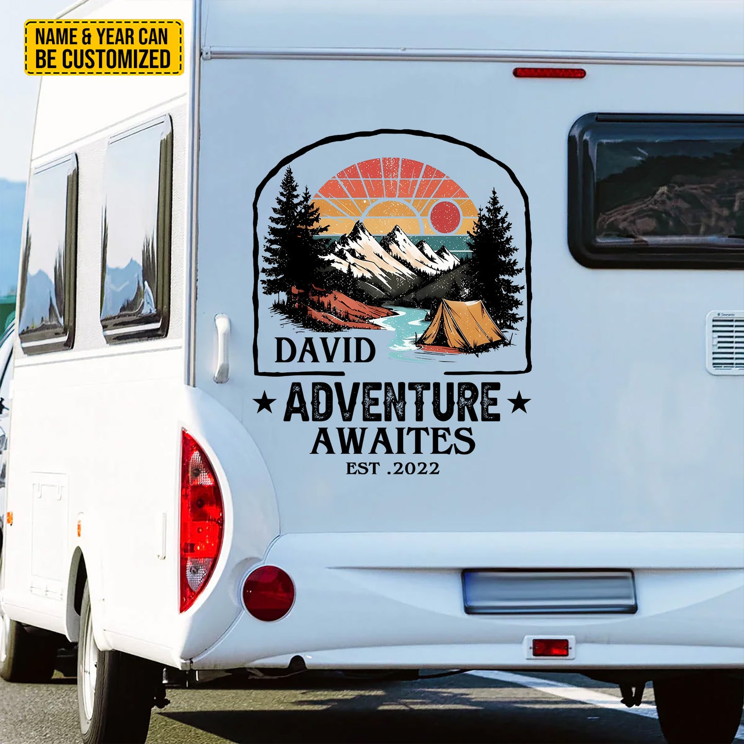 "Adventure Awaits" Vintage Decal Camping - Personalized Name And Year