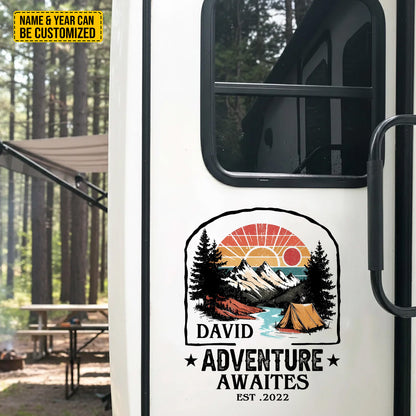 "Adventure Awaits" Vintage Decal Camping - Personalized Name And Year