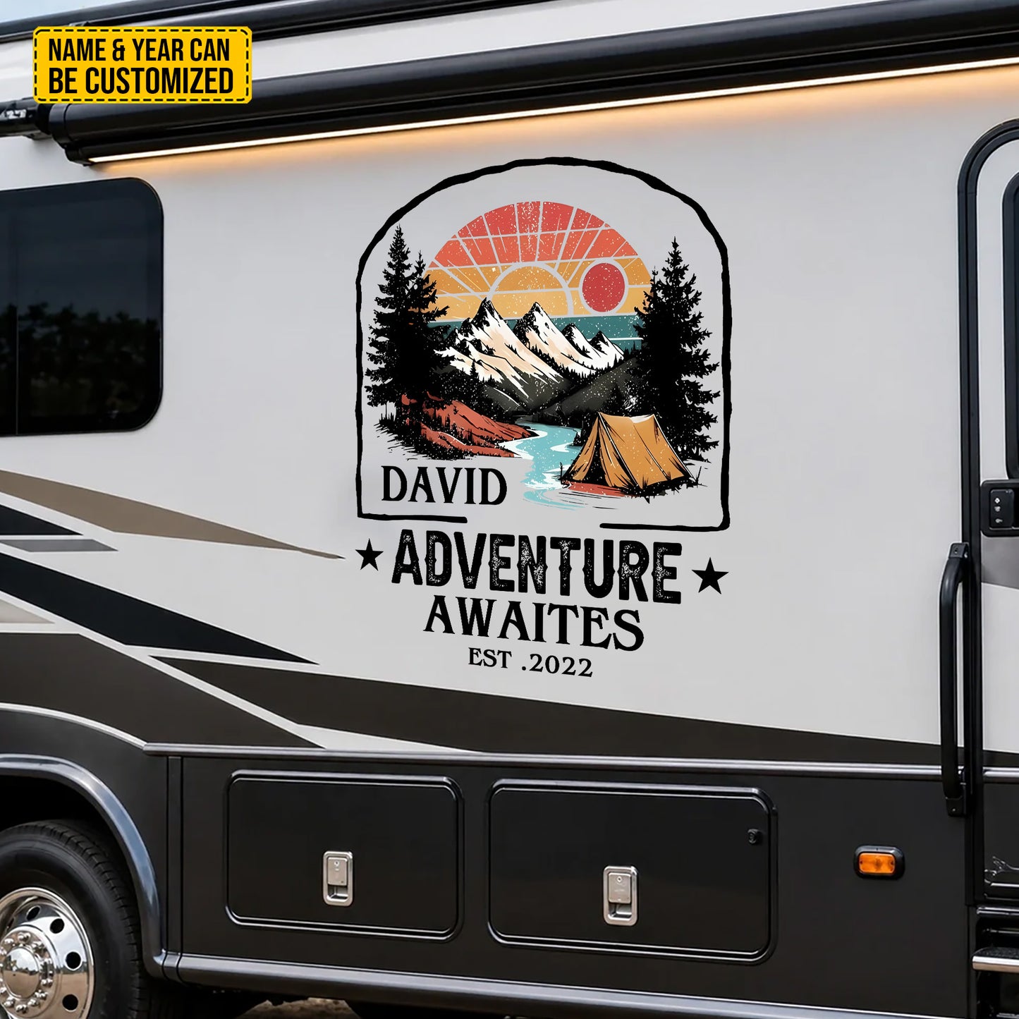 "Adventure Awaits" Vintage Decal Camping - Personalized Name And Year