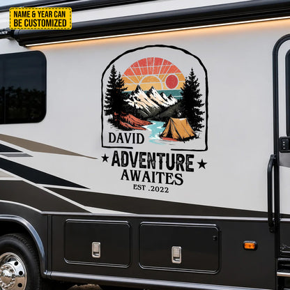 "Adventure Awaits" Vintage Decal Camping - Personalized Name And Year