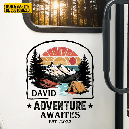 "Adventure Awaits" Vintage Decal Camping - Personalized Name And Year