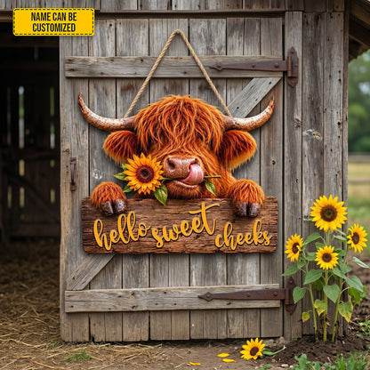 Hello Sweet Checks - Personalized Cow Wooden Sign