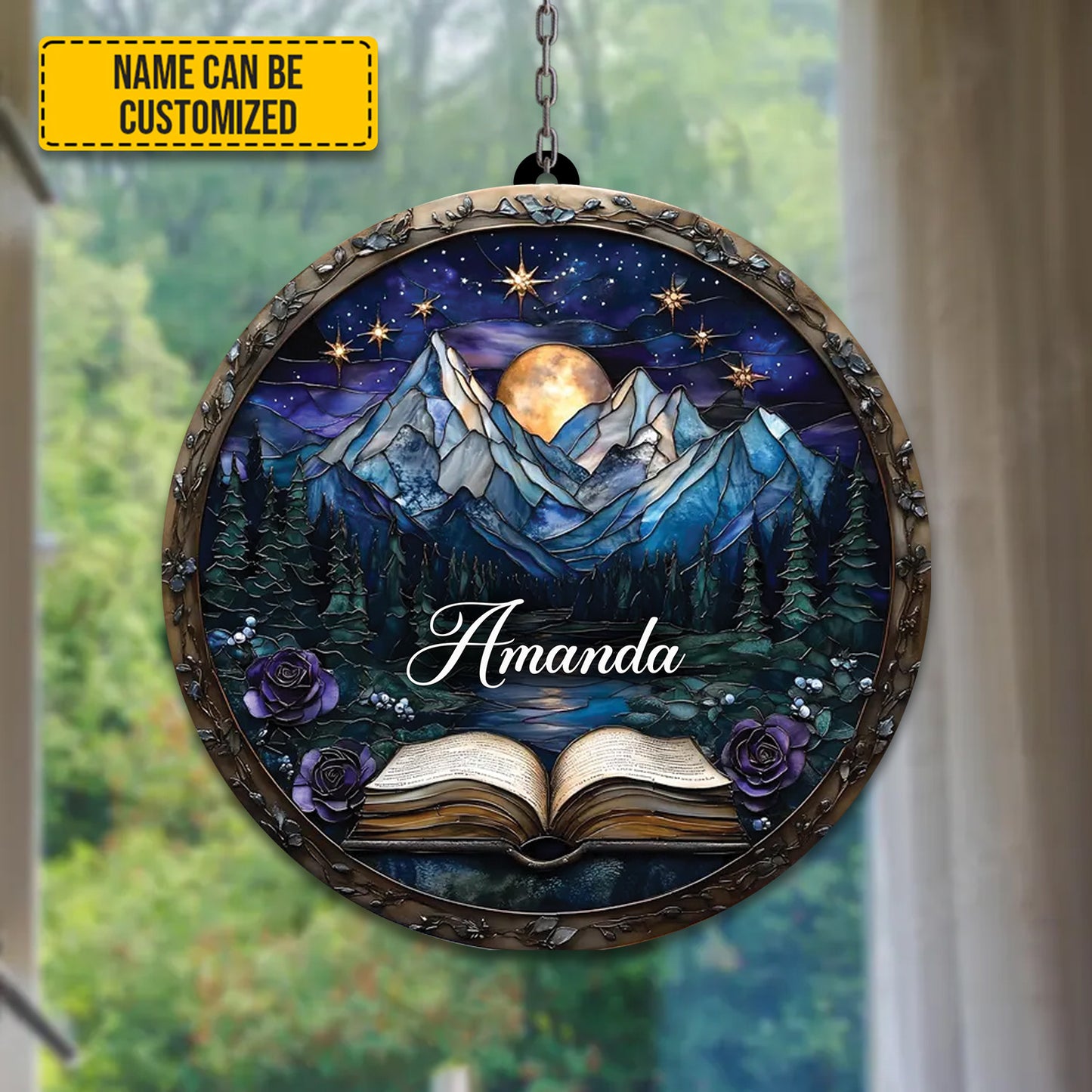 Personalized Fantasy Book Mountain Acrylic Window Hanging Version 1