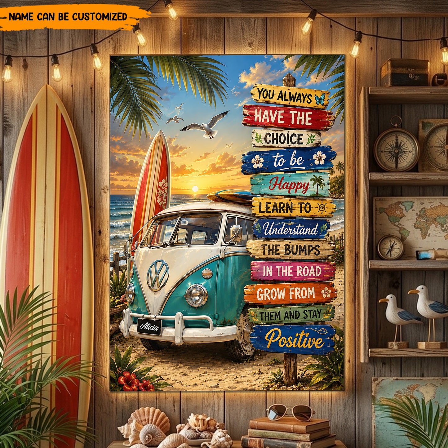 Positive Beach Hippie Van  – Personalized Poster Canvas