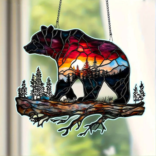 Bear Wanderlust Camping Suncatcher - Personalized Shape Stained Glass Suncatcher